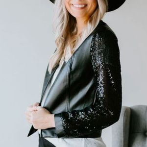 Venti6 Faux Leather Sequin Sleeved Jacket